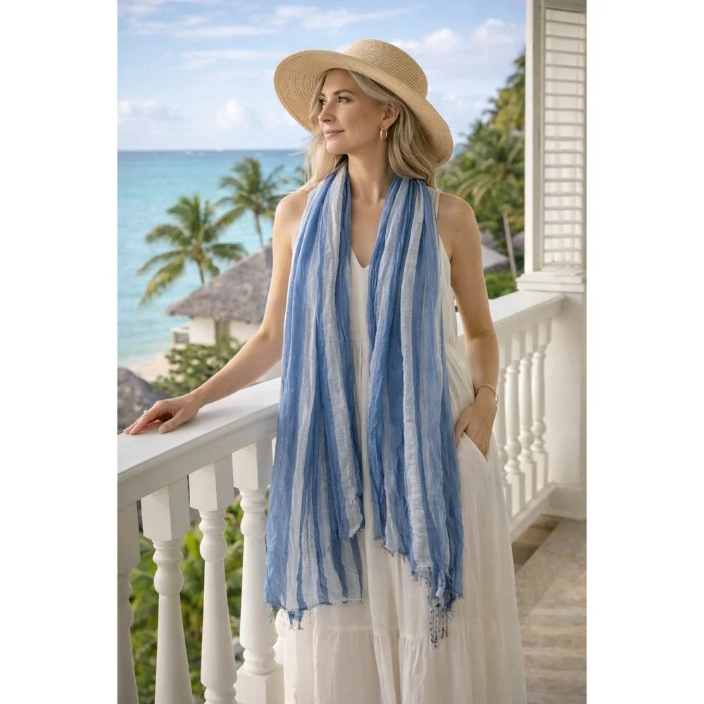 VILAGALLO Blue Shimmering Stripe Wrap Scar Resort Lagoom Quiet Luxury NWT